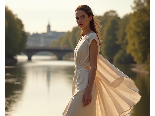 Eine Frau am Aareufer trägt ein luftiges Leinenkleid im Atelier Bern Stil.