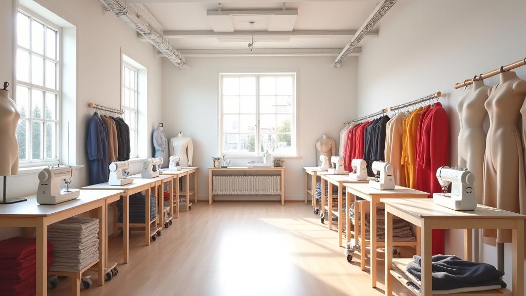 Blick in das helle und ordentliche Atelier in Bern mit Schneiderpuppen und Stoffen