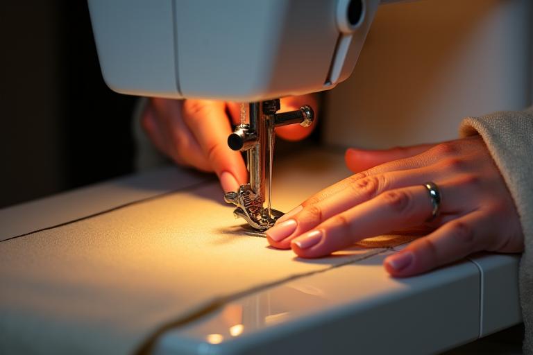 Detailaufnahme einer Nähmaschine und Hände, die an einem Kleidungsstück arbeiten